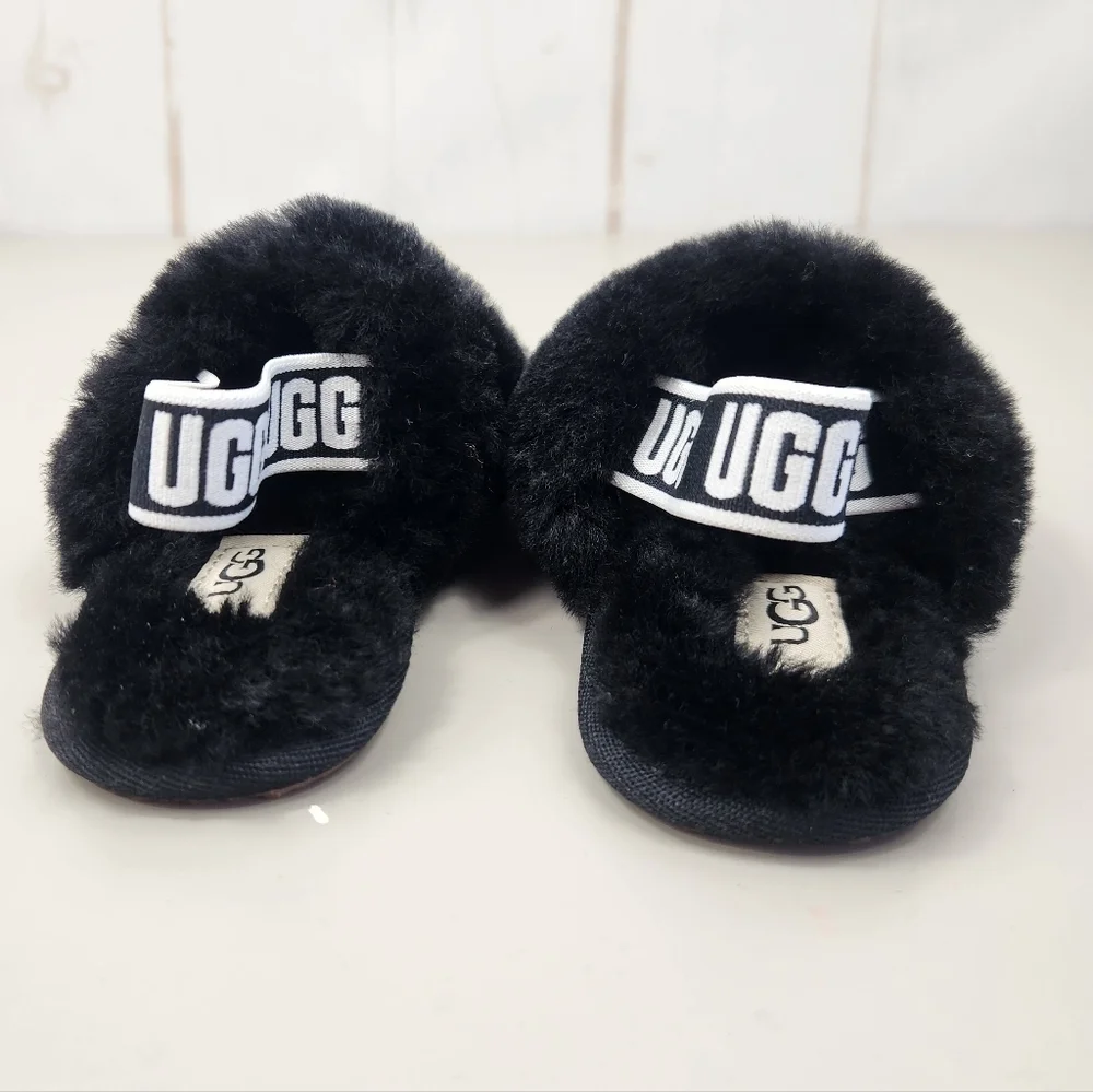 UGG Toddler Oh Yeah Fluffy Shearling Sheepskin Slingback Slipper Black 6
